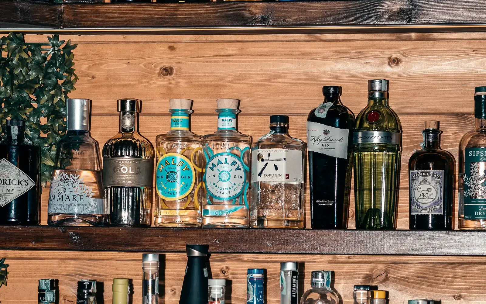 Spirit bottles standing on wooden bar shelves
