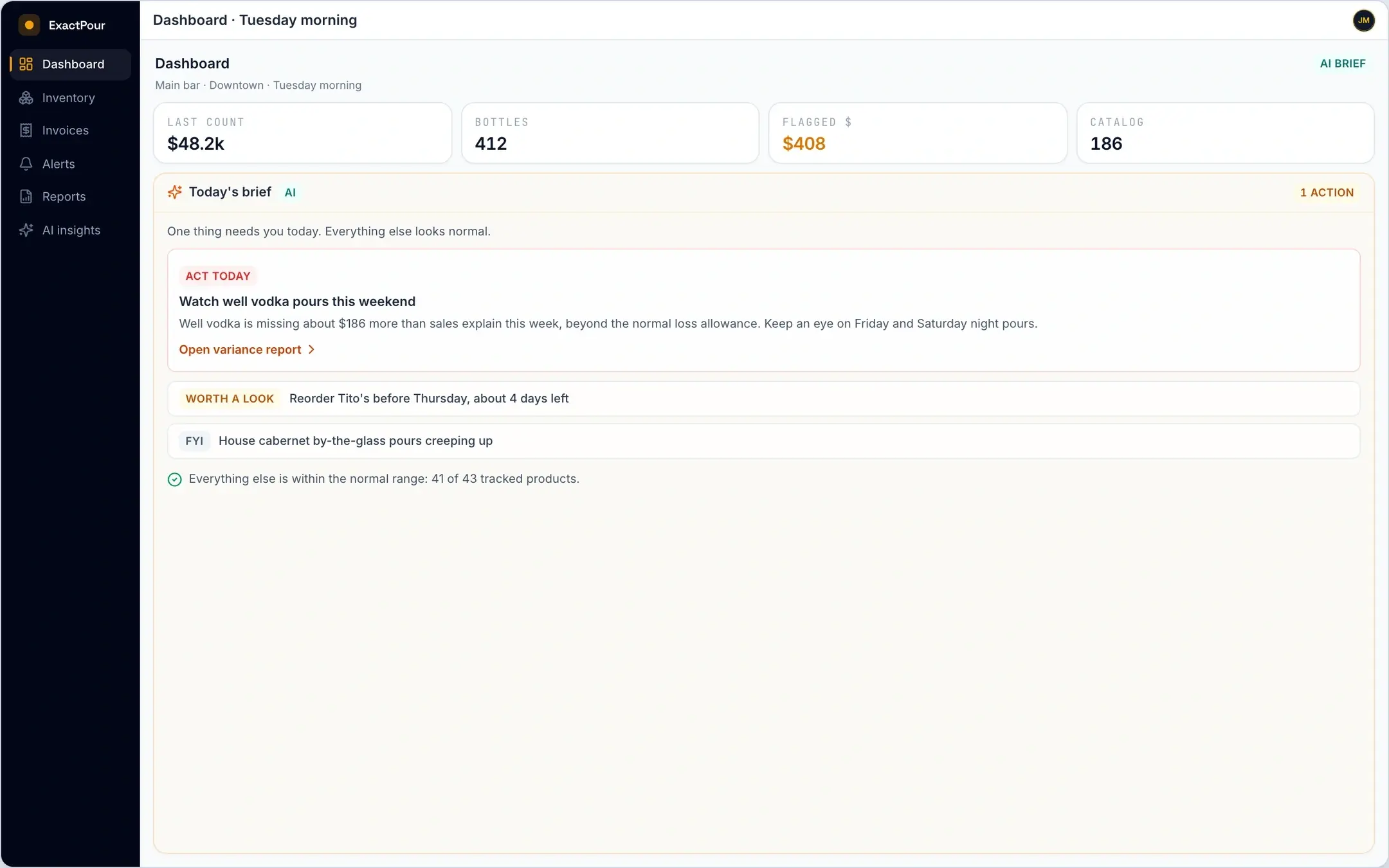 ExactPour AI daily brief: prioritized plain-English actions generated from recent inventory and sales data