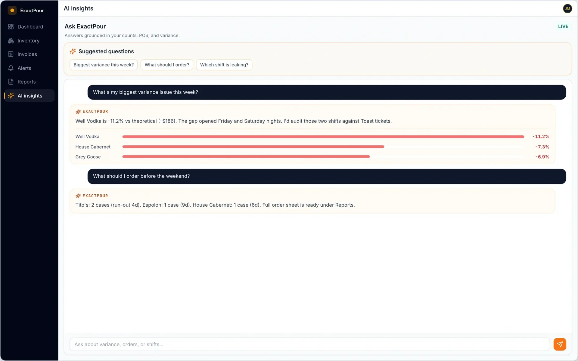 ExactPour AI insights chat answering plain-English pricing and margin questions with citations to live inventory data