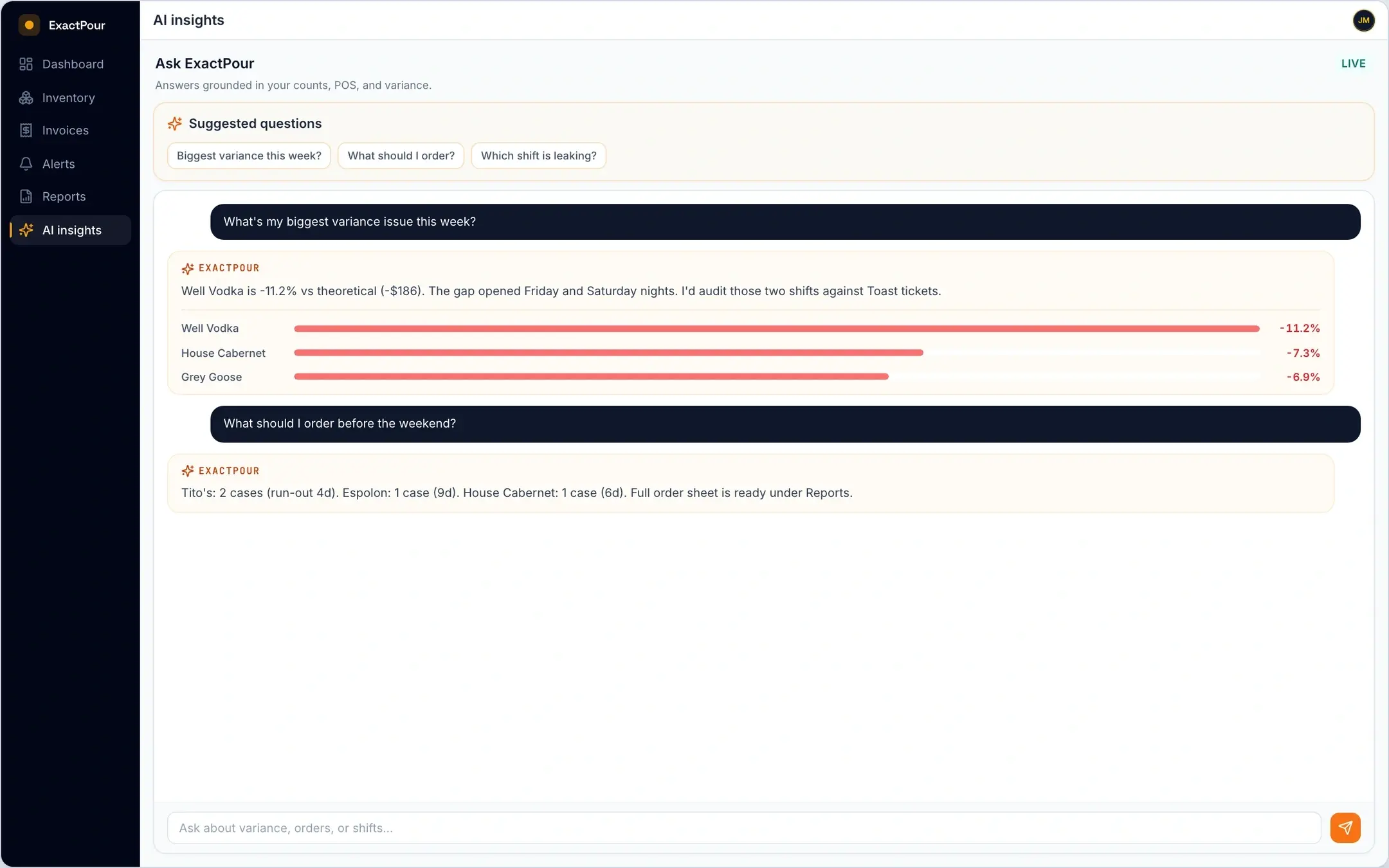 ExactPour AI insights chat answering plain-English pricing and margin questions with citations to live inventory data