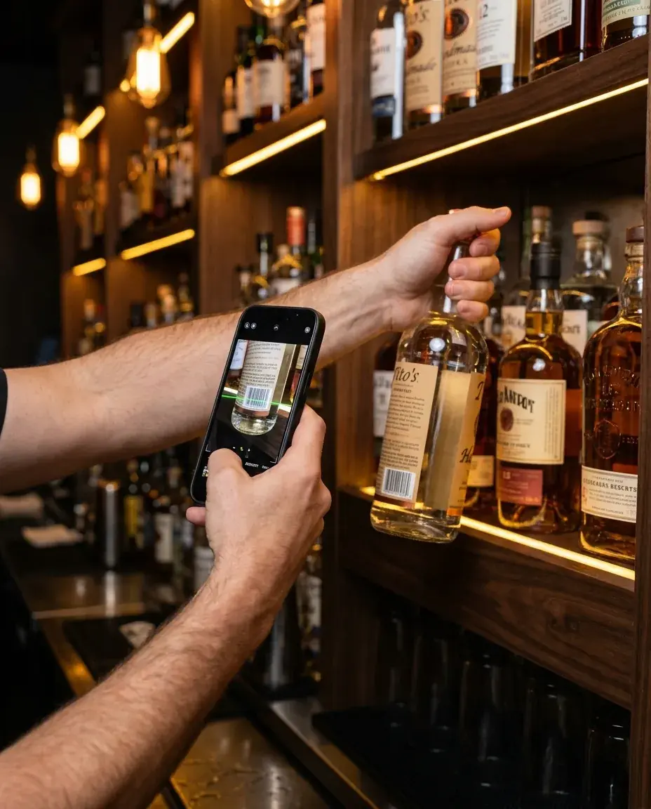Phone camera scanning a spirit bottle barcode on a lit bar shelf during inventory