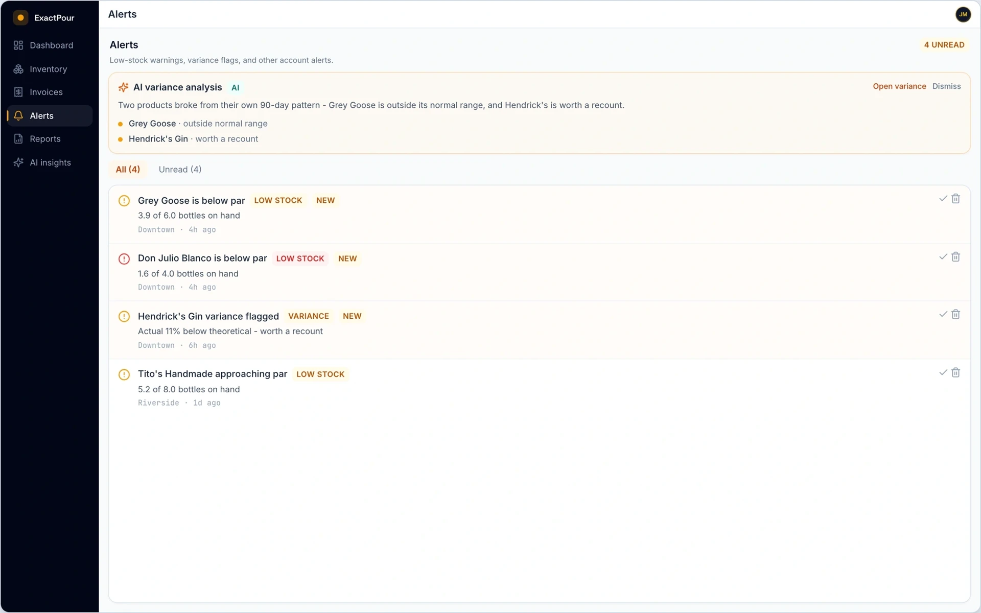 Low-inventory alerts in ExactPour: Products below par flagged with current vs threshold before you run dry.