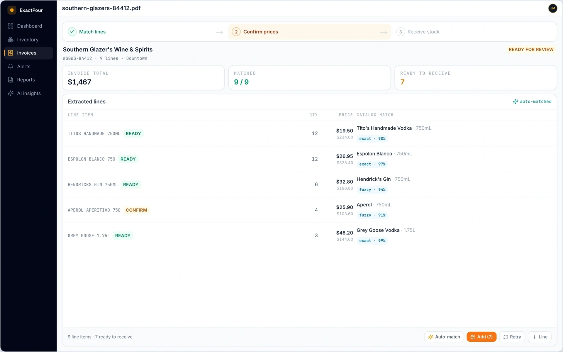 Invoice OCR with fuzzy matching in ExactPour: Upload a PDF, get structured lines matched to your catalog automatically.