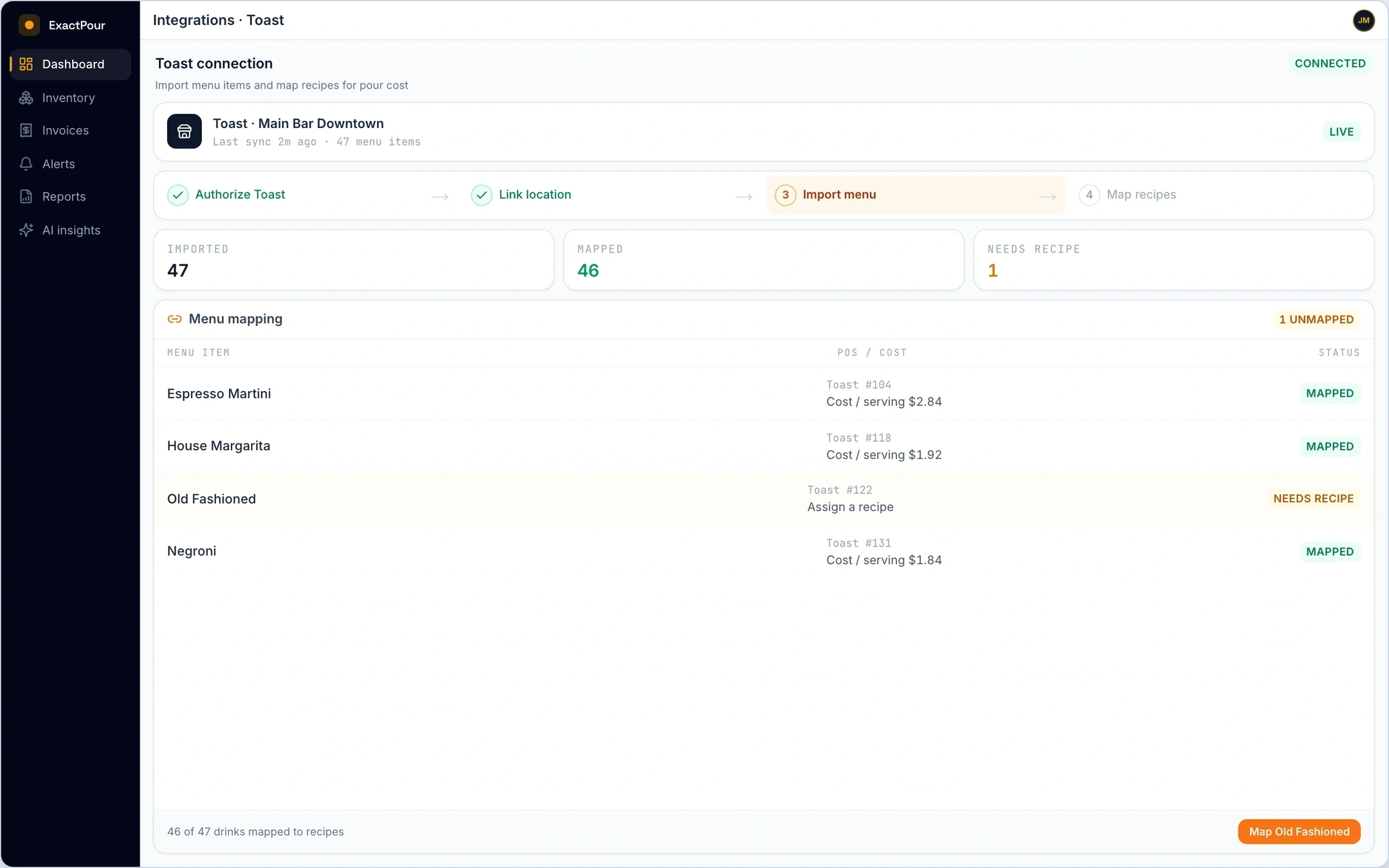 Toast POS connect in ExactPour: Authorize Toast, import the menu, and map recipes for variance.