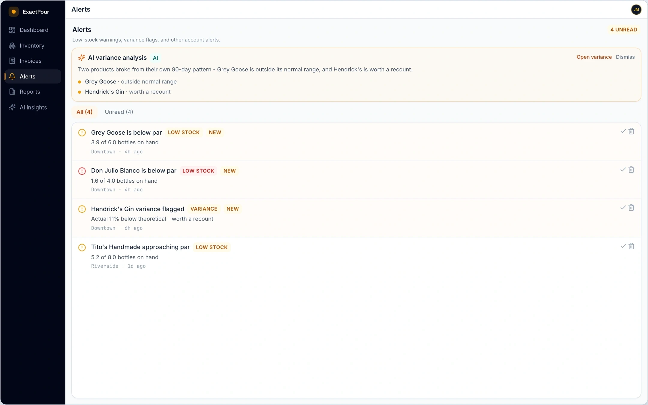 Low-inventory alerts in ExactPour: Products below par flagged with current vs threshold before you run dry.