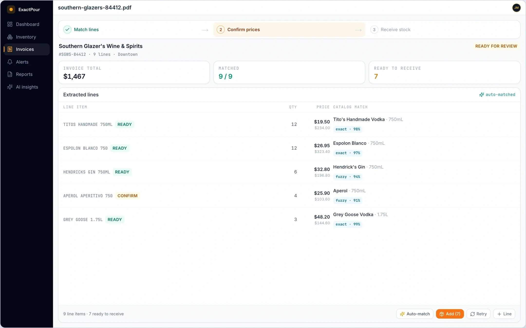 Invoice OCR with fuzzy matching in ExactPour: Upload a PDF, get structured lines matched to your catalog automatically.