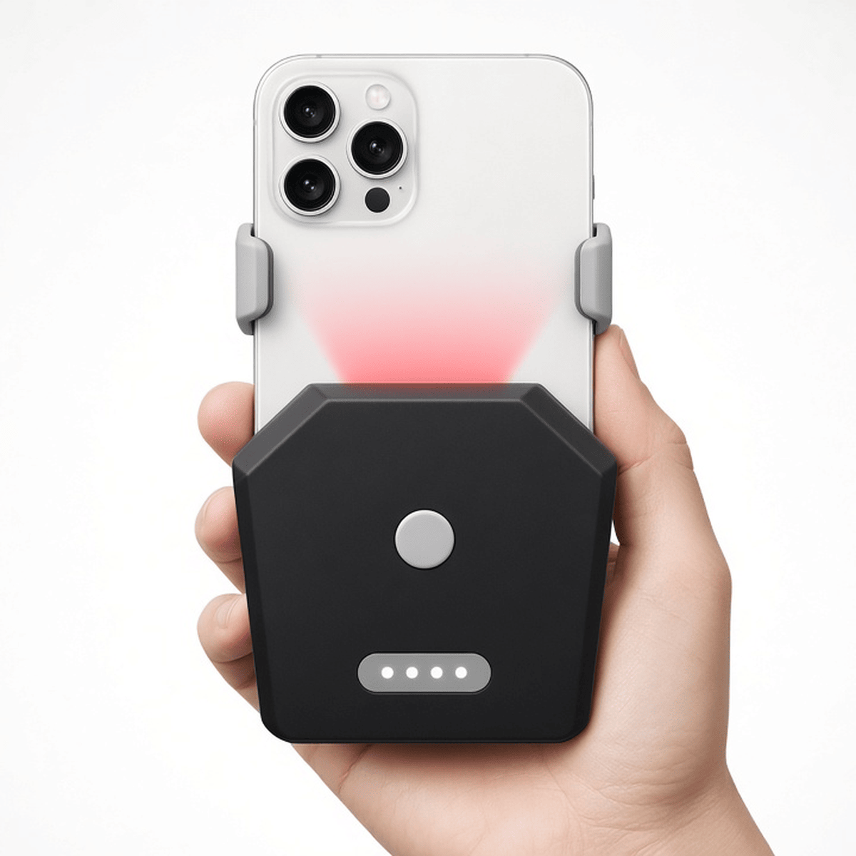 Unbranded Bluetooth barcode scanner clipped to the back of a phone held in hand